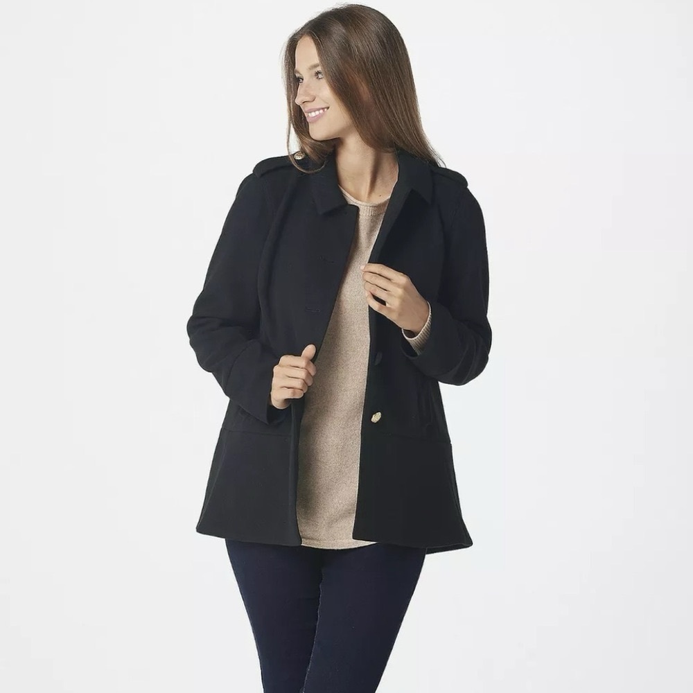 LOGO Lori Goldstein • Legacy Double Knit Coat swing jacket military flounce hem